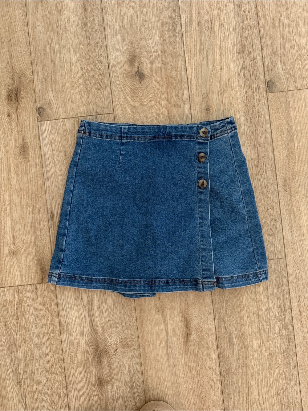 Button-Accent Blue Denim Mini Skort